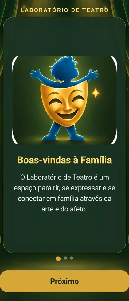 Tela de boas-vindas com a máscara dourada do teatro