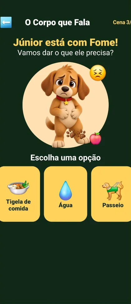 Tela em que a criança escolhe o que o Júnior precisa: comida, água ou passeio